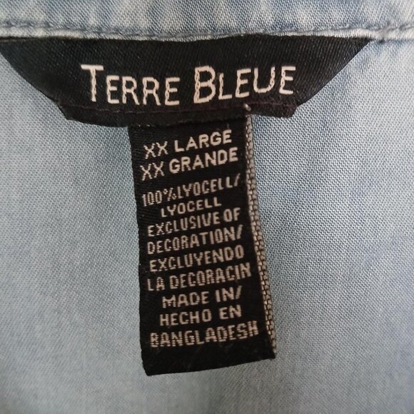 Womens Terre Bleue Gray Flower Embroidered Tunic Shirt Dress w/Pockets - Picture 2 of 8